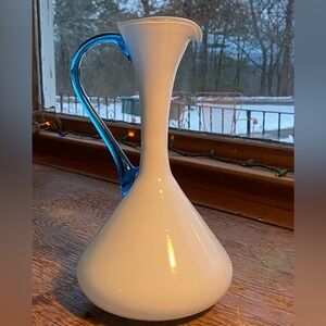 VTG Empoli Blown glass,White to Blue cased glass Ewer/pitcher,applied handle